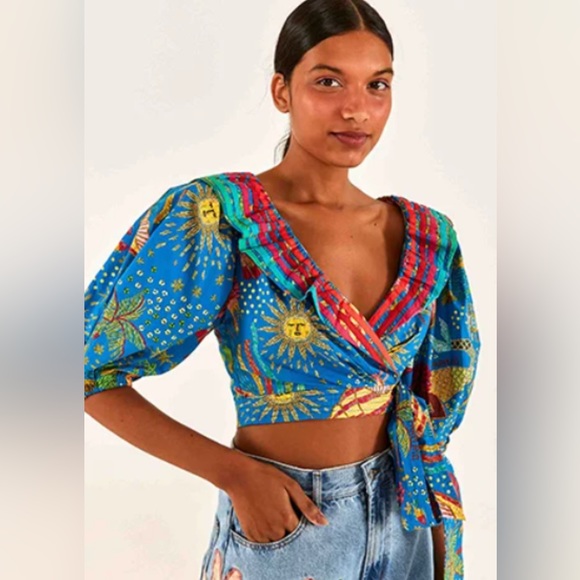FARM Rio Tops - NWOT Farm Rio Ocean Stories Wrap Crop Top